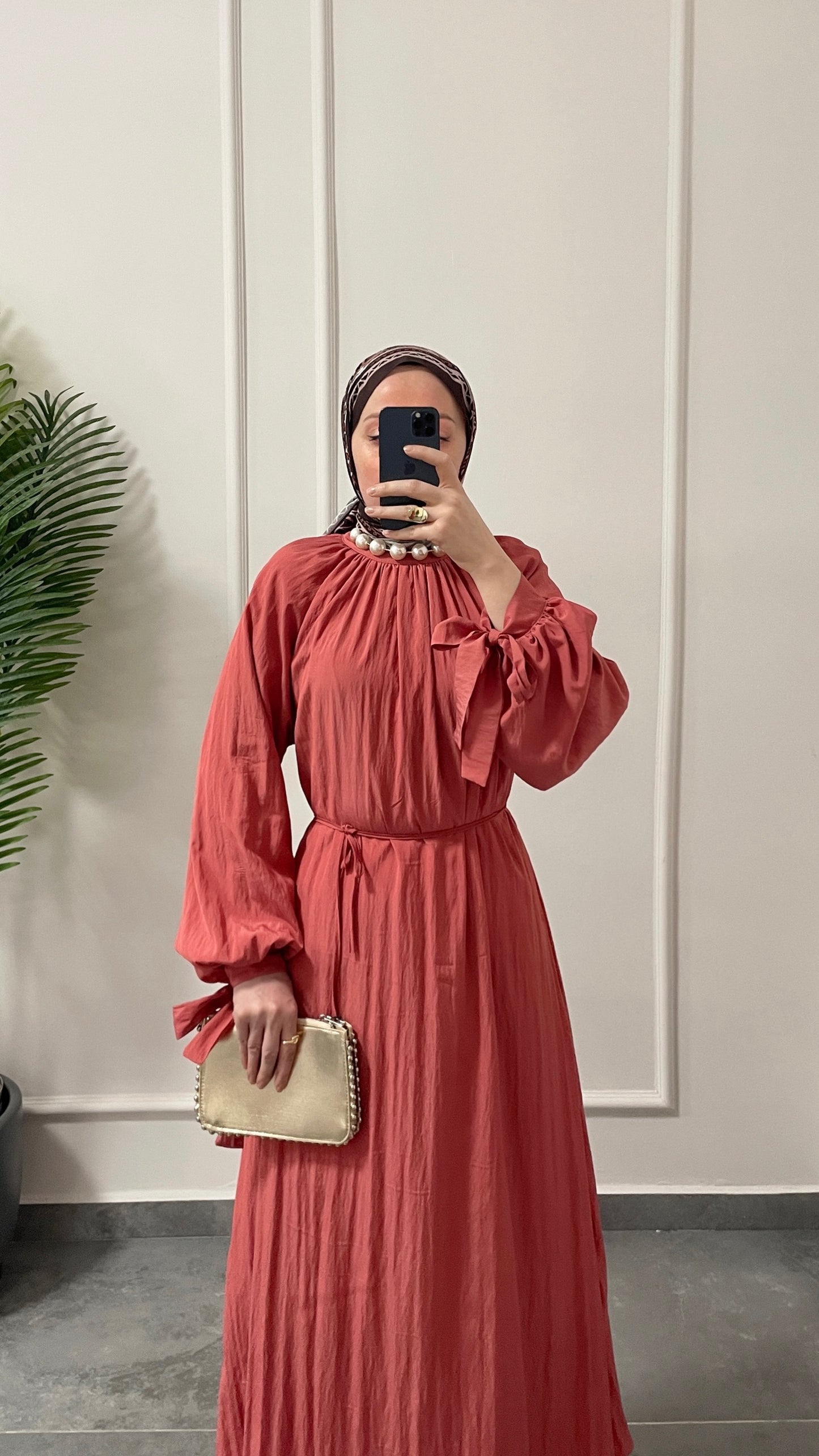 Kollar Bağcıklı Vual Saten Pamuk Elbise-Somon