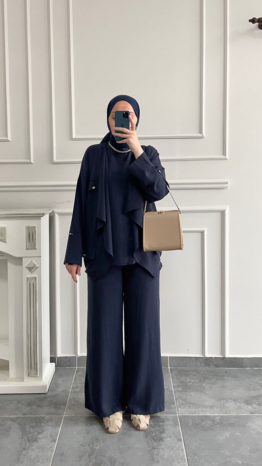 Tencel Keten Şal Yaka Ceketli 3’lü Takım Lacivert