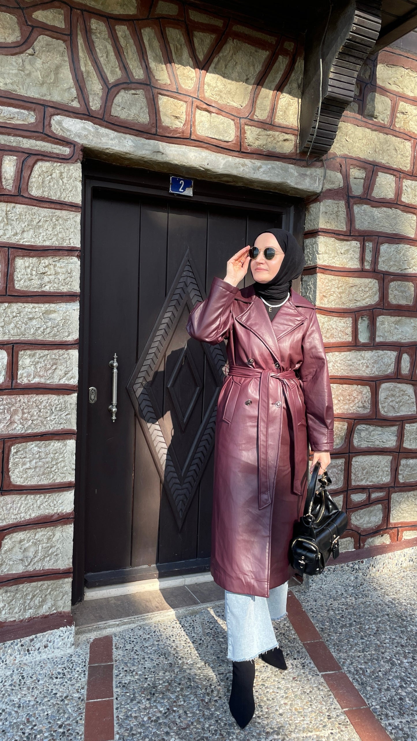 Premium Kalite Deri Trençkot Bordo