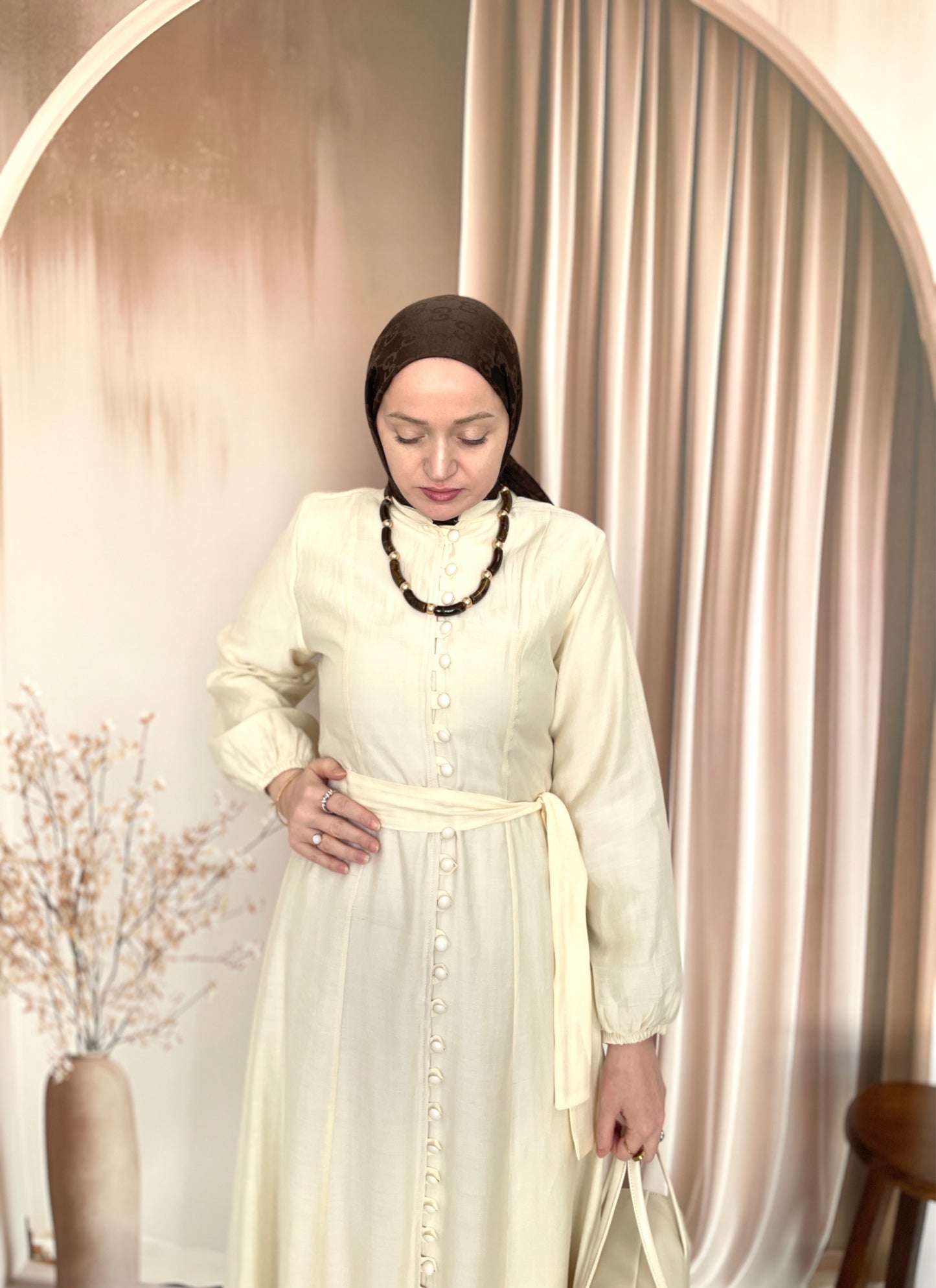 Premium Britli Elbise  Vanilya Krem