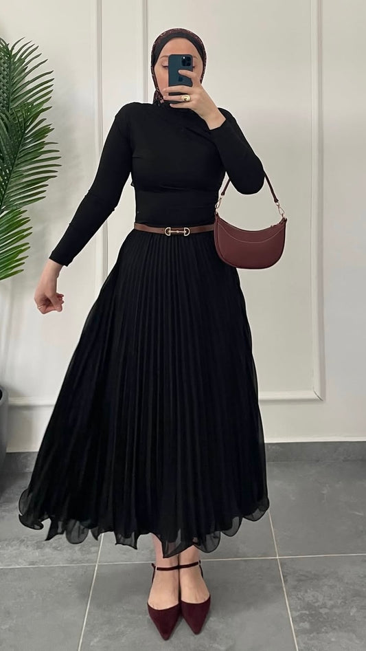 Şifon Piliseli Etek-Siyah