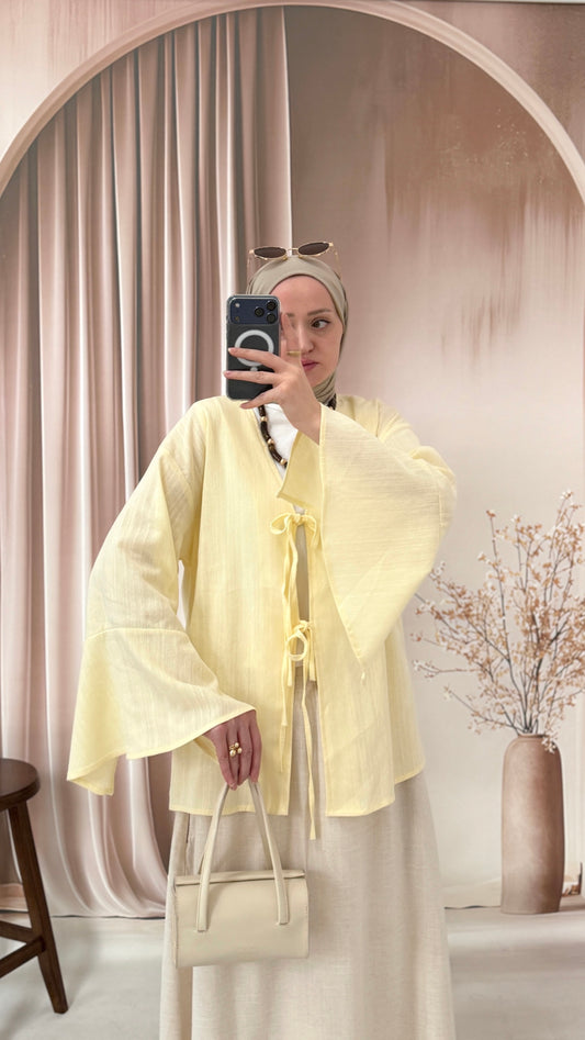 Kollar Volanlı Ham Keten Kimono Sarı