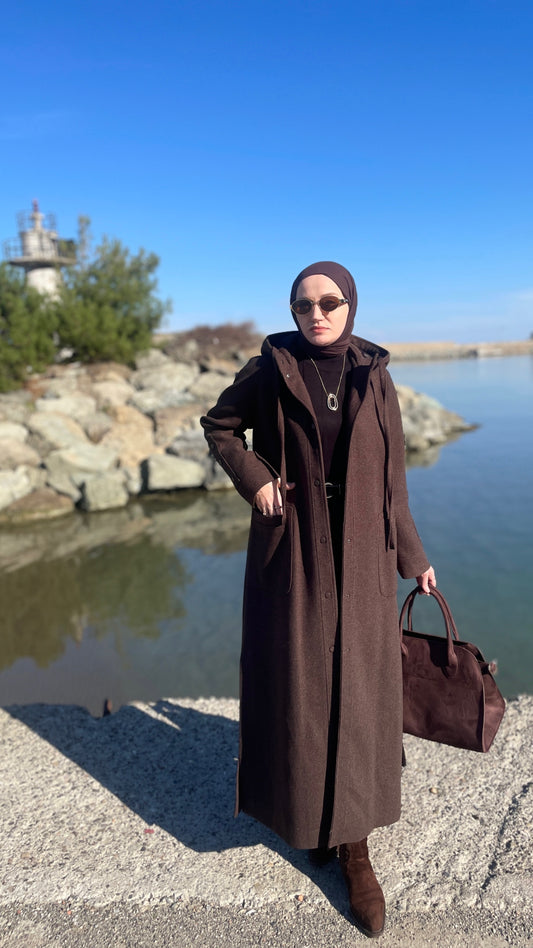 Tam Boy Premium Kapüşonlu  Kaşe Kaban Kahverengi