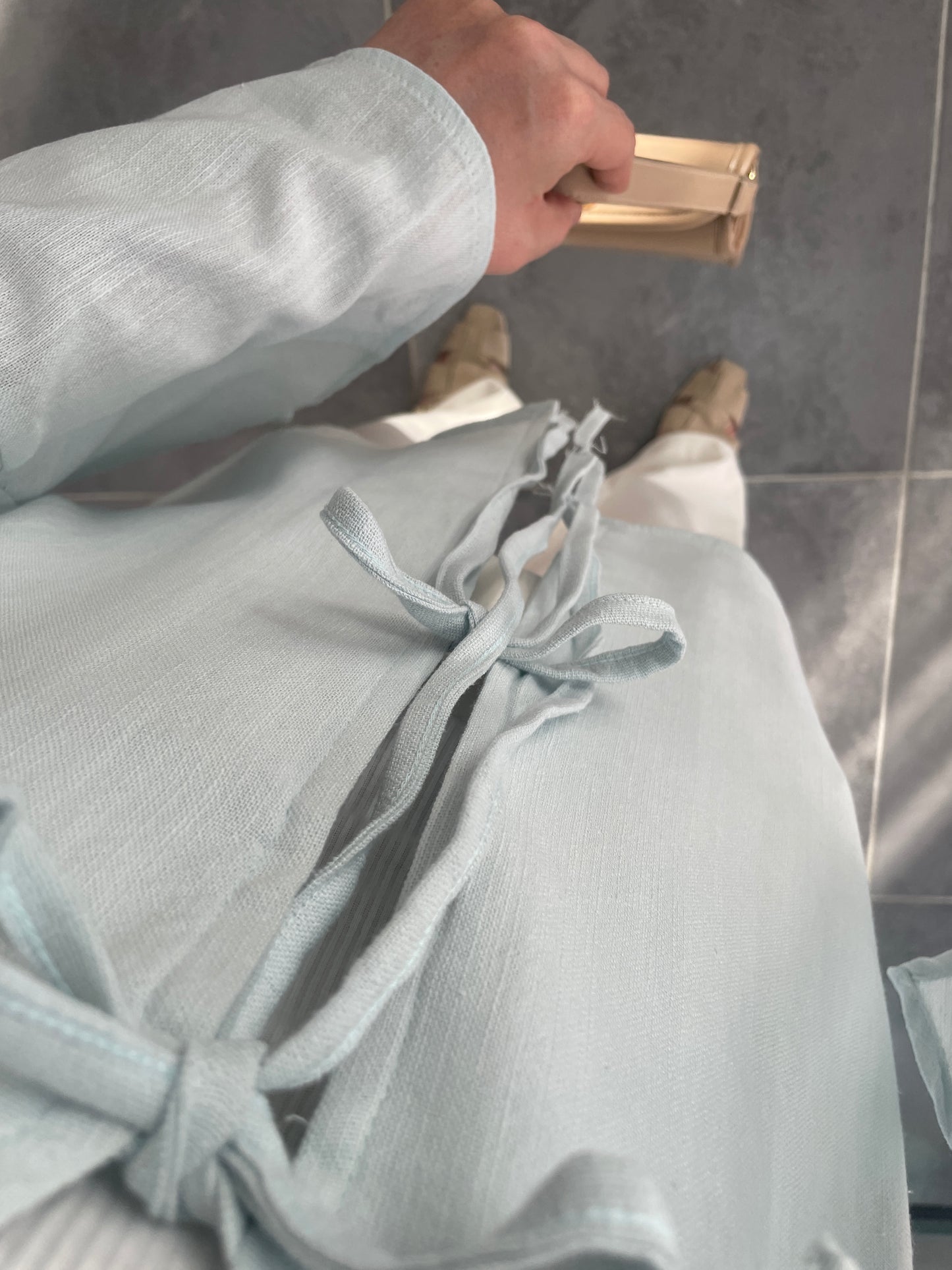 İspanyol Kol Ham Keten Kimono-Bebe Mavi