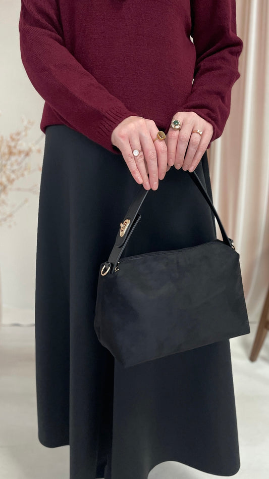 Süet Oval Oval El ve Çapraz Çanta Siyah