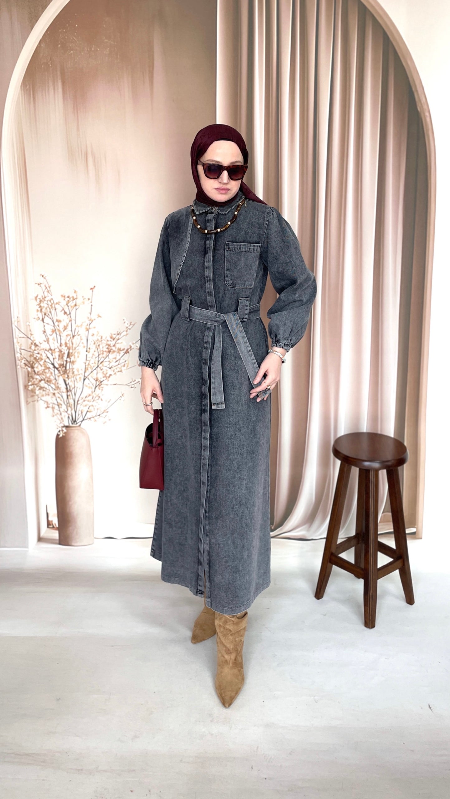 Gizli Patlı Pelerinli Denim Elbise Antrasit