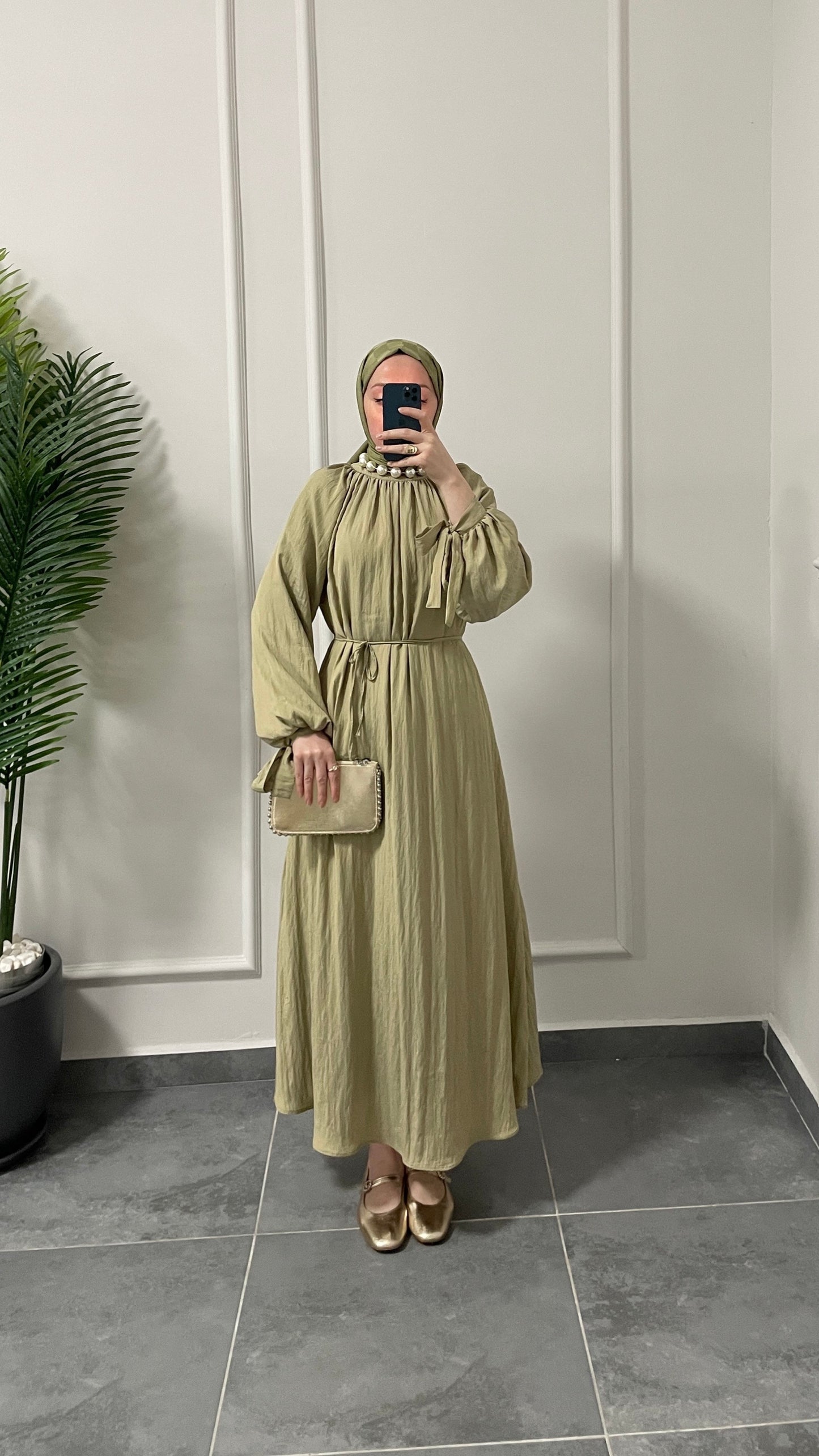 Kollar Bağcıklı Vual Saten Pamuk Elbise-Yeşil