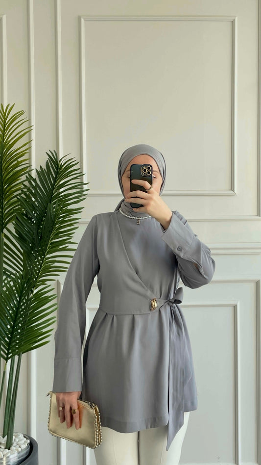 Bronş Detaylı Bel Bağlama Tasarım Tunik Gri