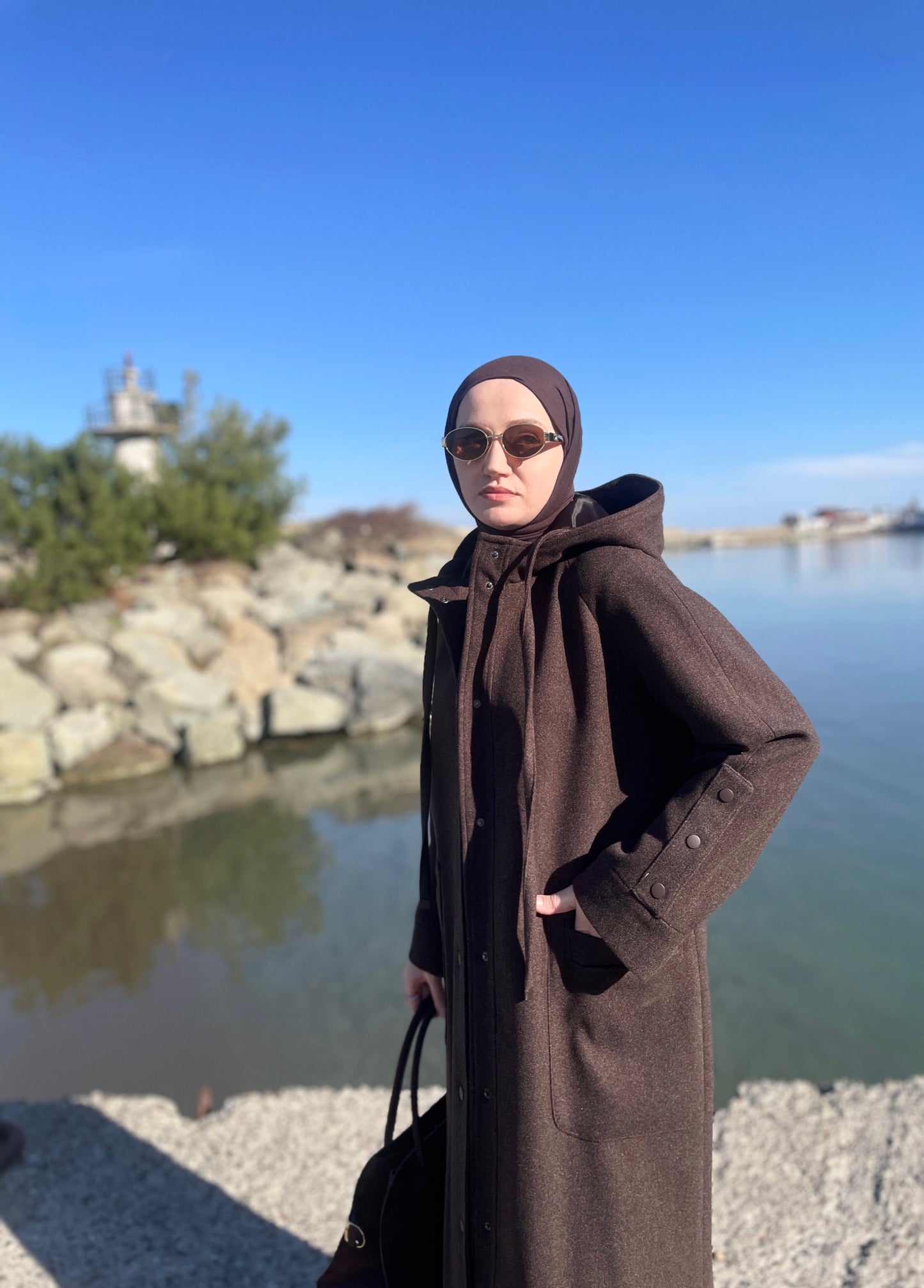 Tam Boy Premium Kapüşonlu  Kaşe Kaban Kahverengi