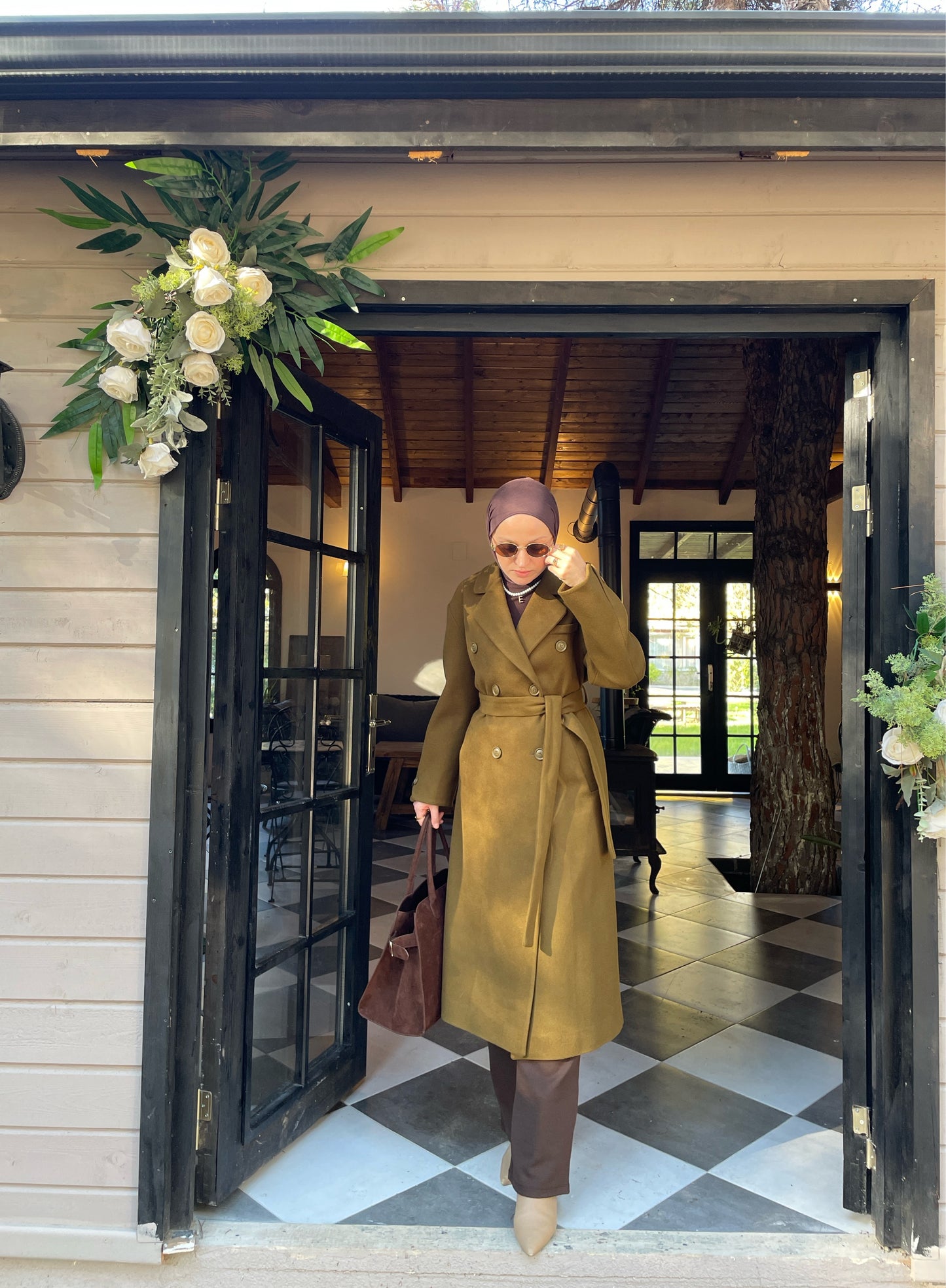 Vintage Tasarım Kol Düğmeli Kaşe  Kaban Zeytin Yeşili