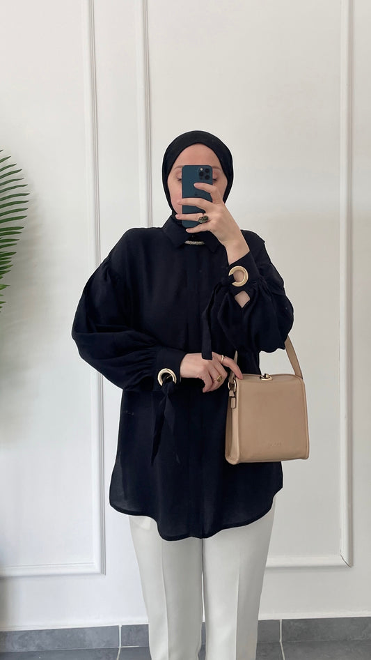 Kuş Gözü Tasarım Tencel Gömlek-Siyah