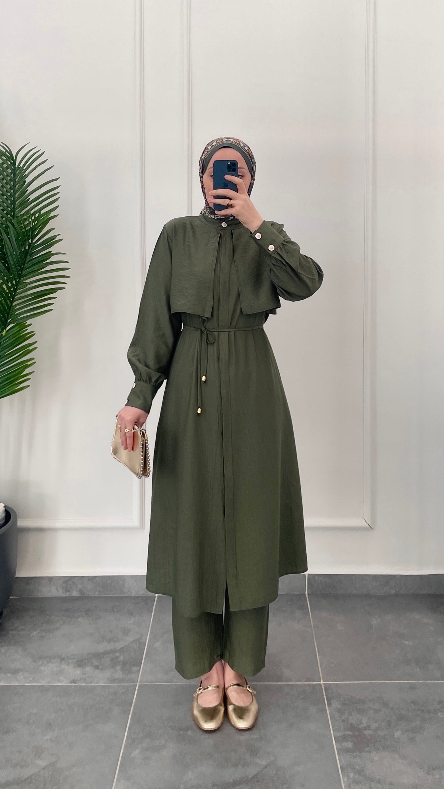 Çilek Kumaş Tunikli Takım-Haki