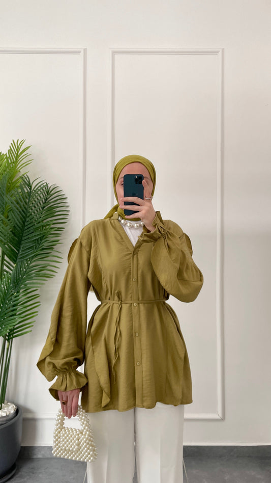 Kollar Fırfırlı Tencel Keten Gömlek-Yeşil