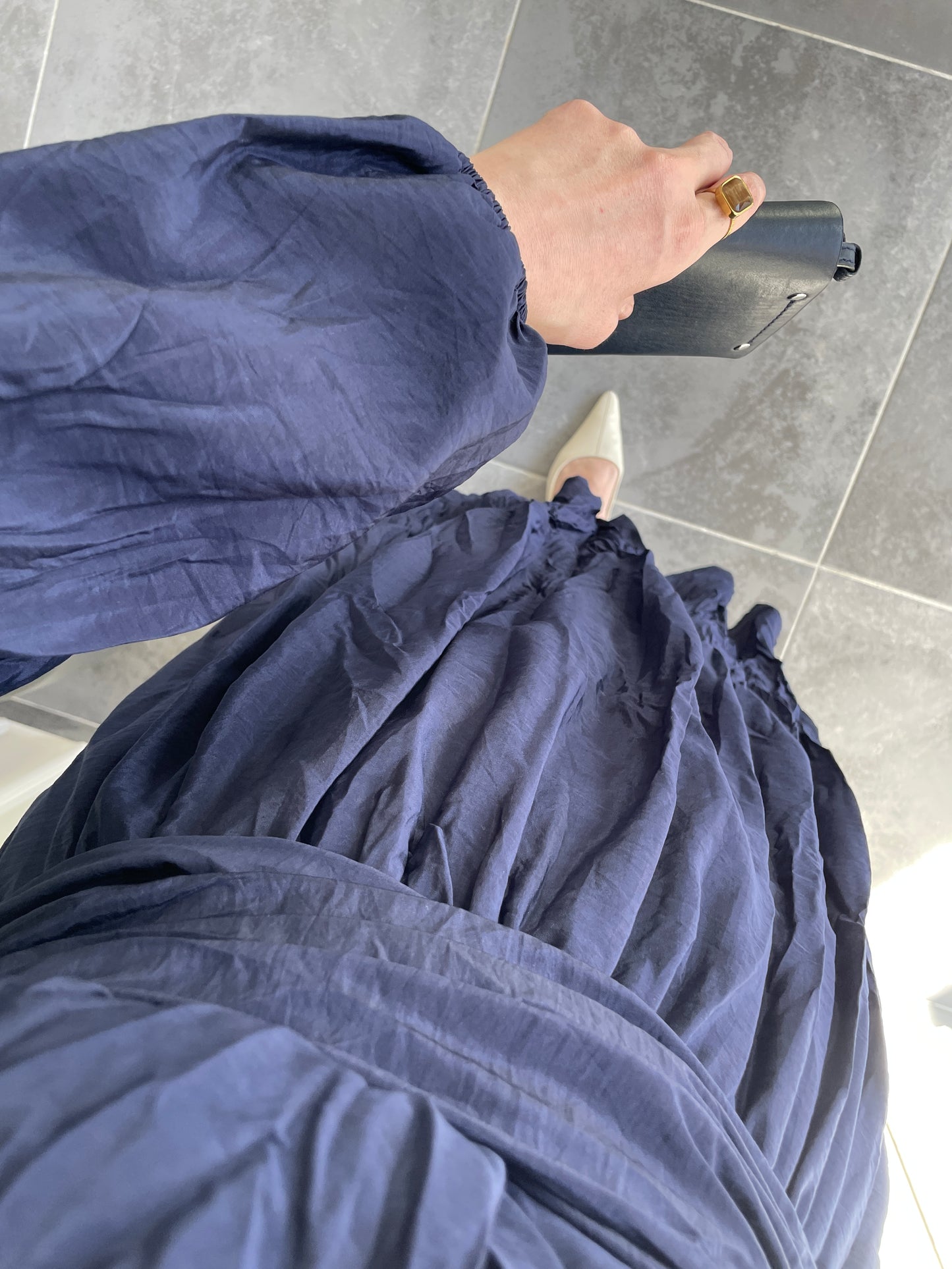 Bel Bağlamalı Kraş Elbise-Lacivert