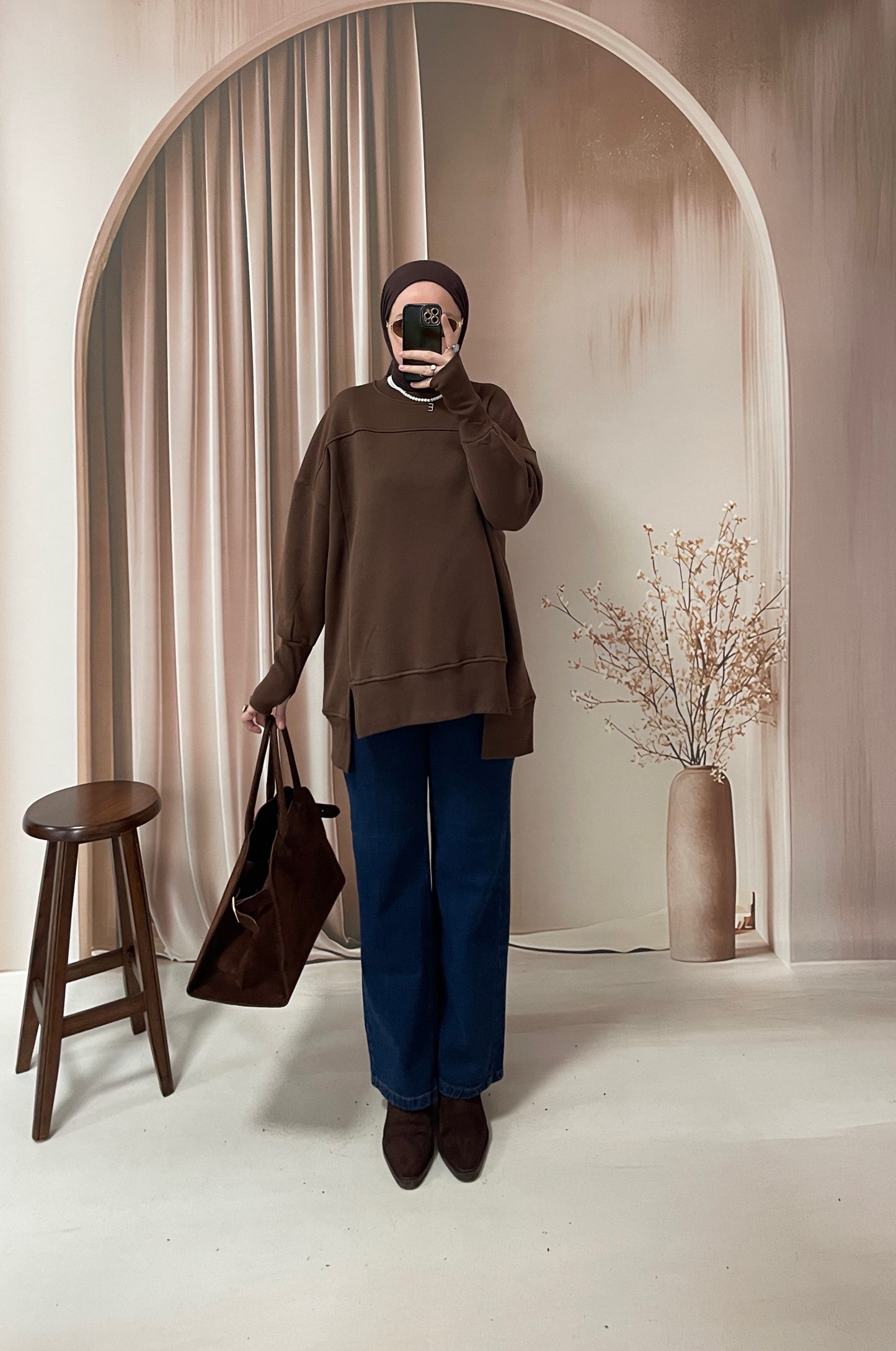 Parmak Geçirme Tasarım Sweatshirt Kahverengi