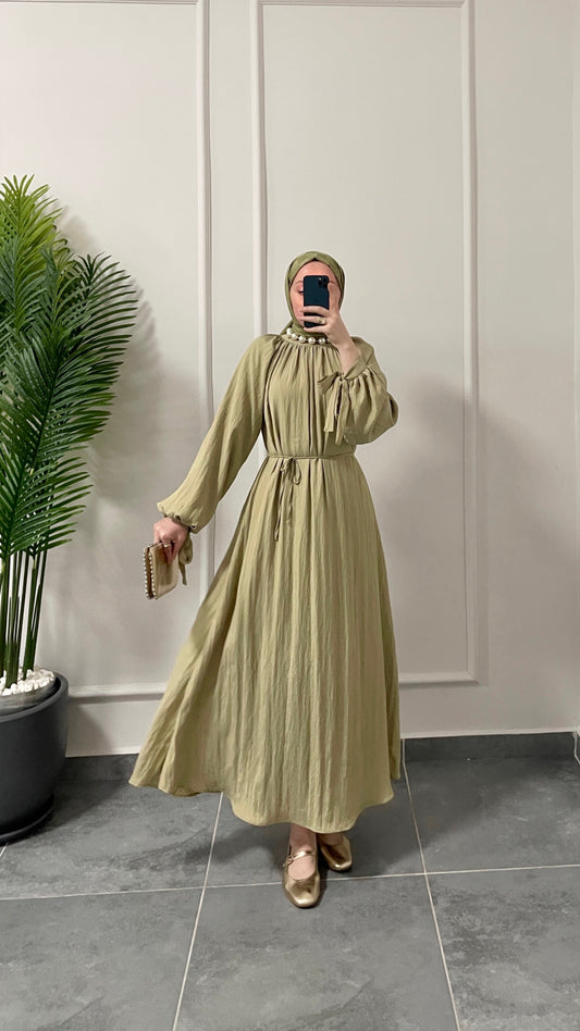 Kollar Bağcıklı Vual Saten Pamuk Elbise-Yeşil