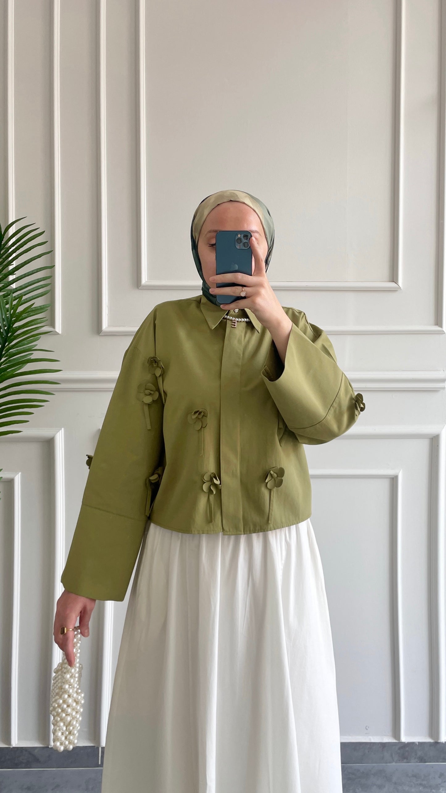 Papatyalı Poplin Gömlek-Yeşil