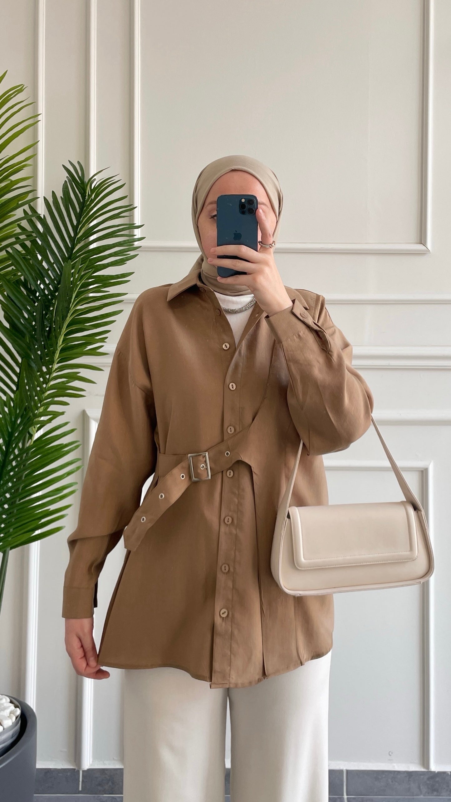 Premium Modal Kuşgözü Kemerli Gömlek-Camel