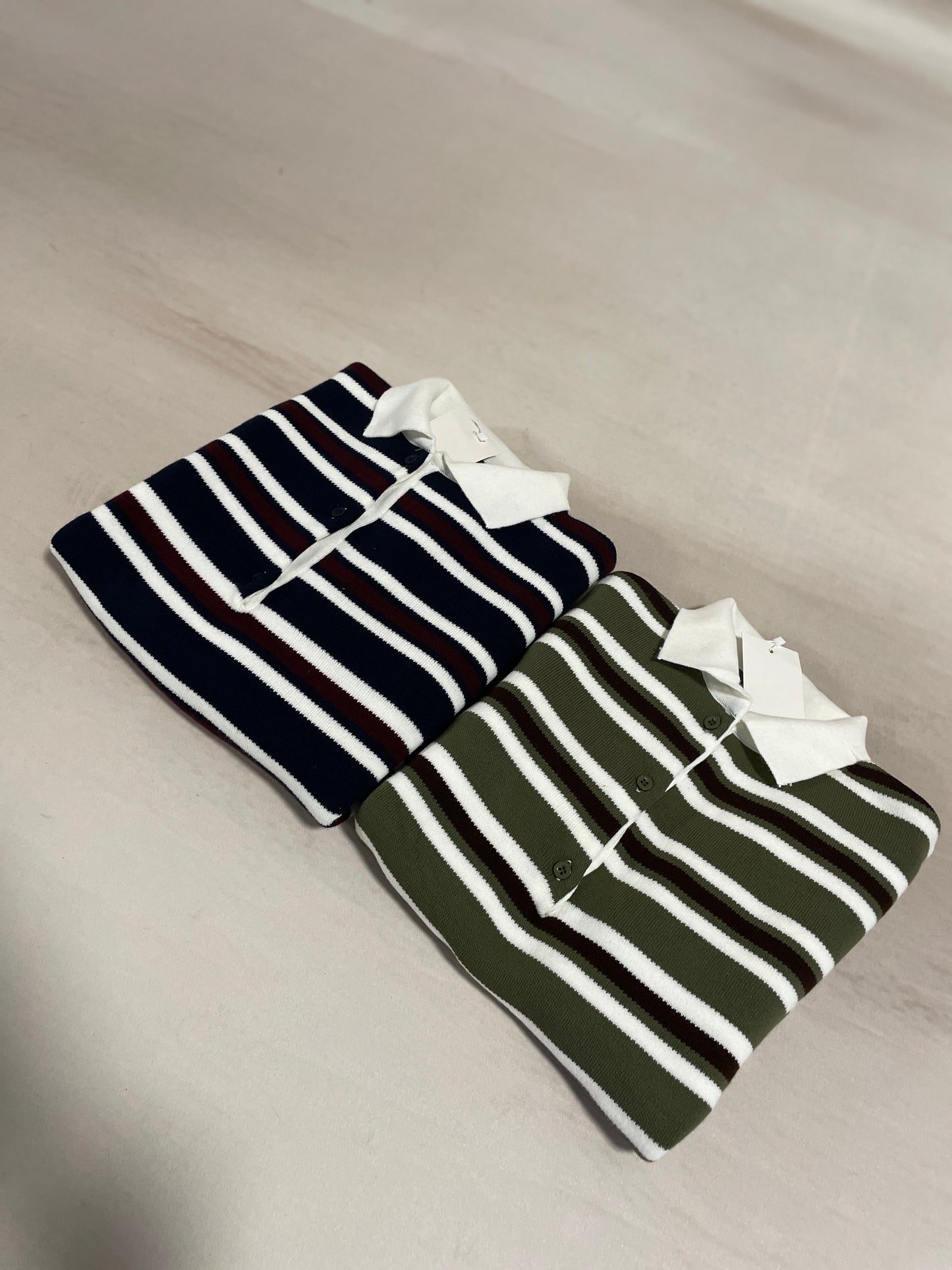 Polo Yaka Çizgili Triko Kazak Haki