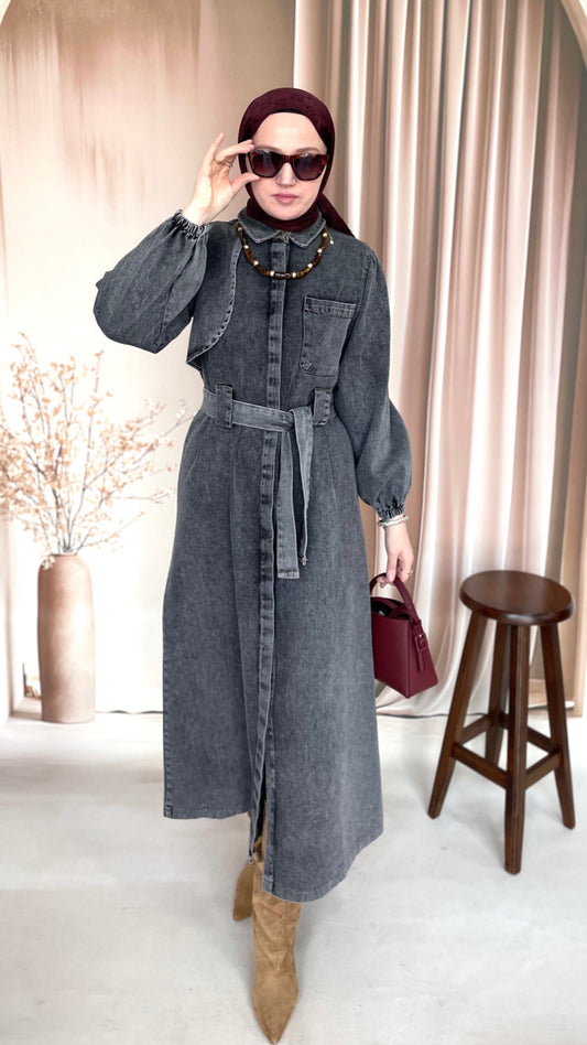 Gizli Patlı Pelerinli Denim Elbise Antrasit