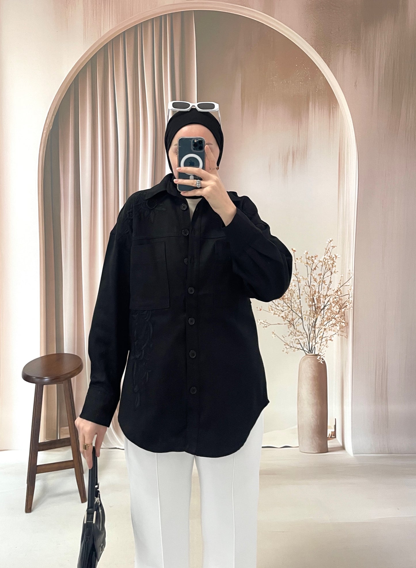 Nakışlı Denim Ceket Siyah