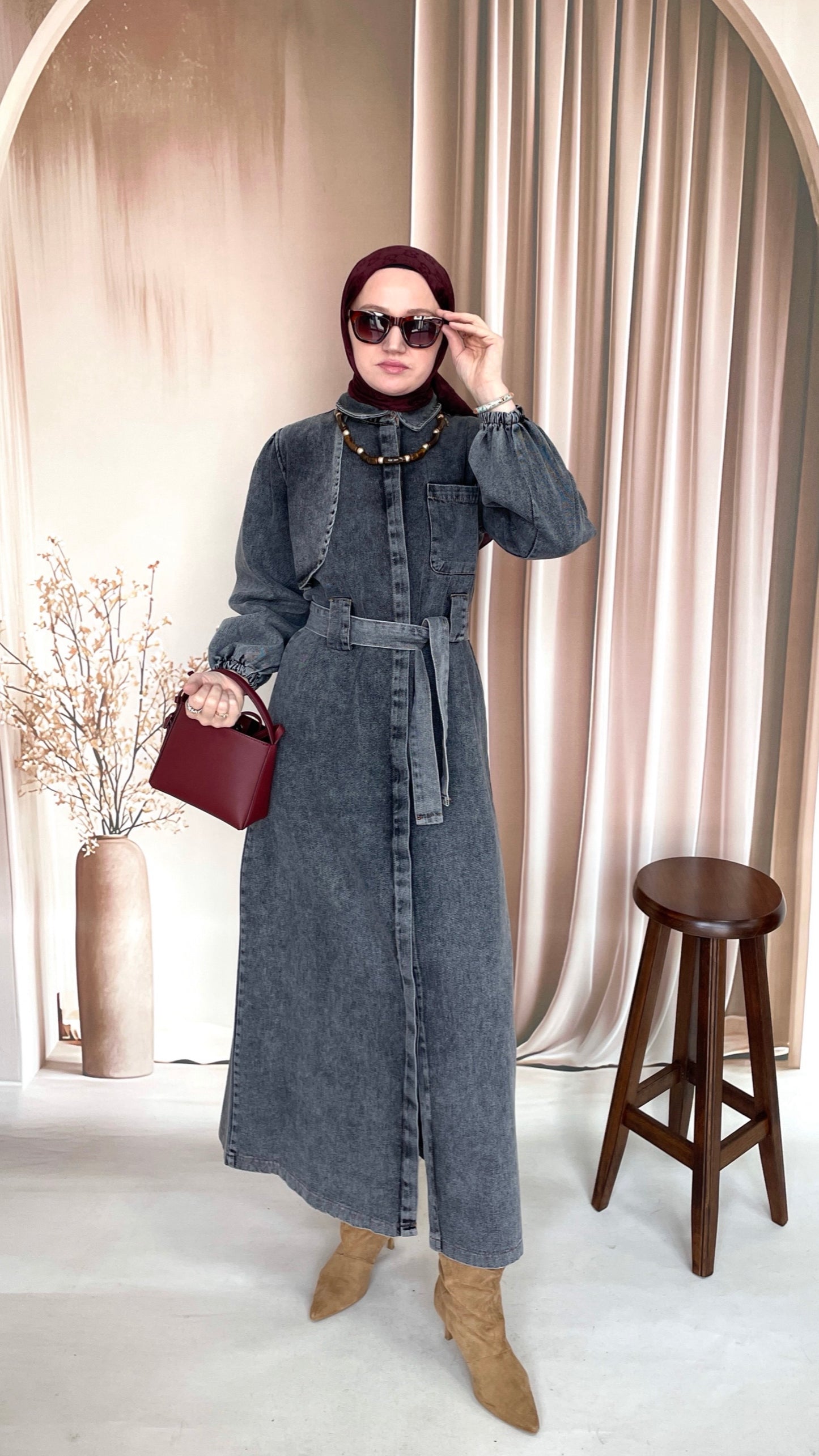 Gizli Patlı Pelerinli Denim Elbise Antrasit