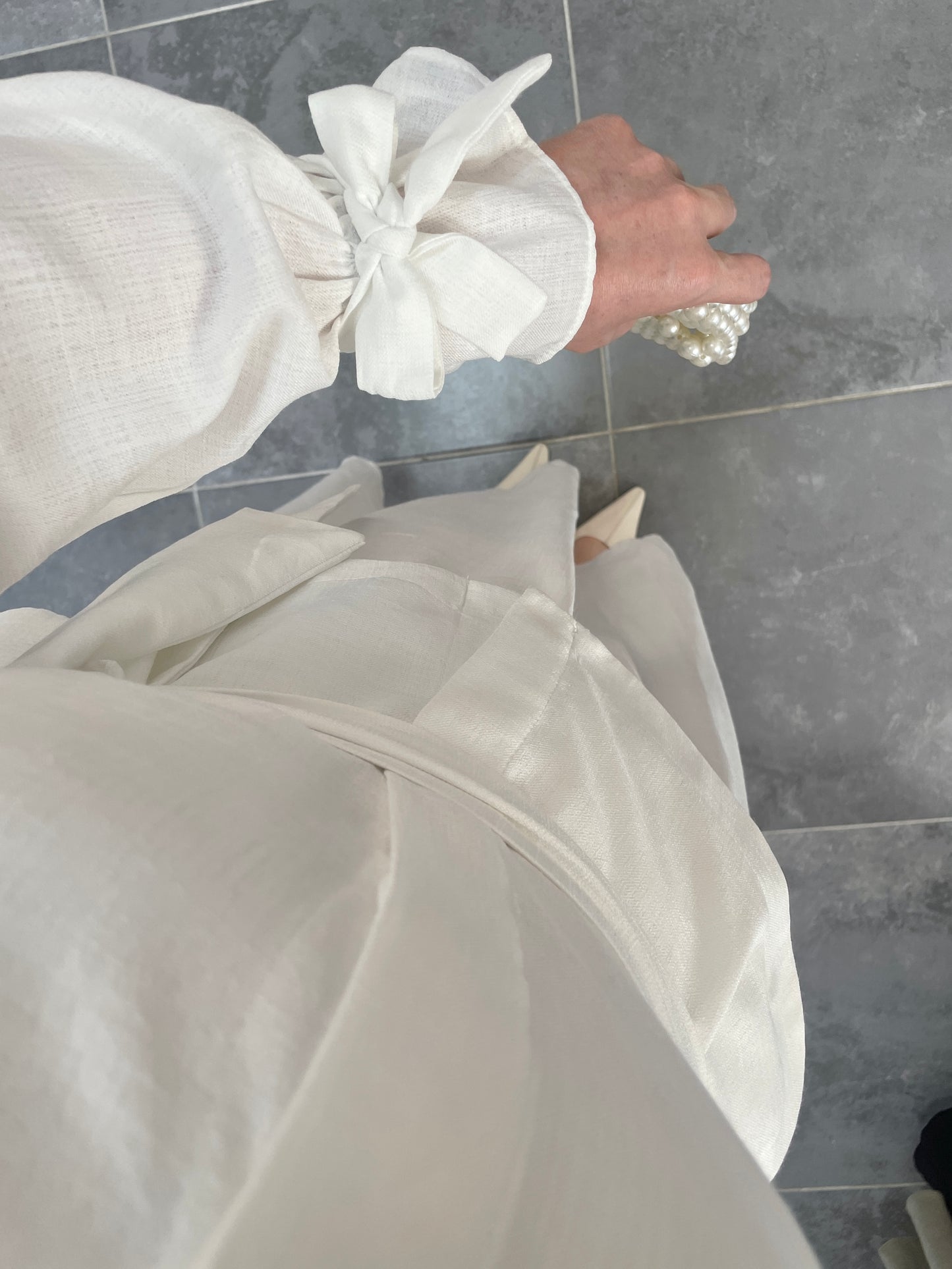 Dolunay Çift Yaka Tasarım Keten Etekli Takım-Beyaz