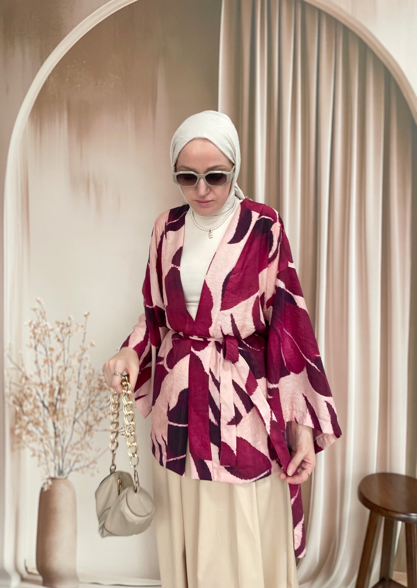 Yaprak Desenli Kimono Bordo