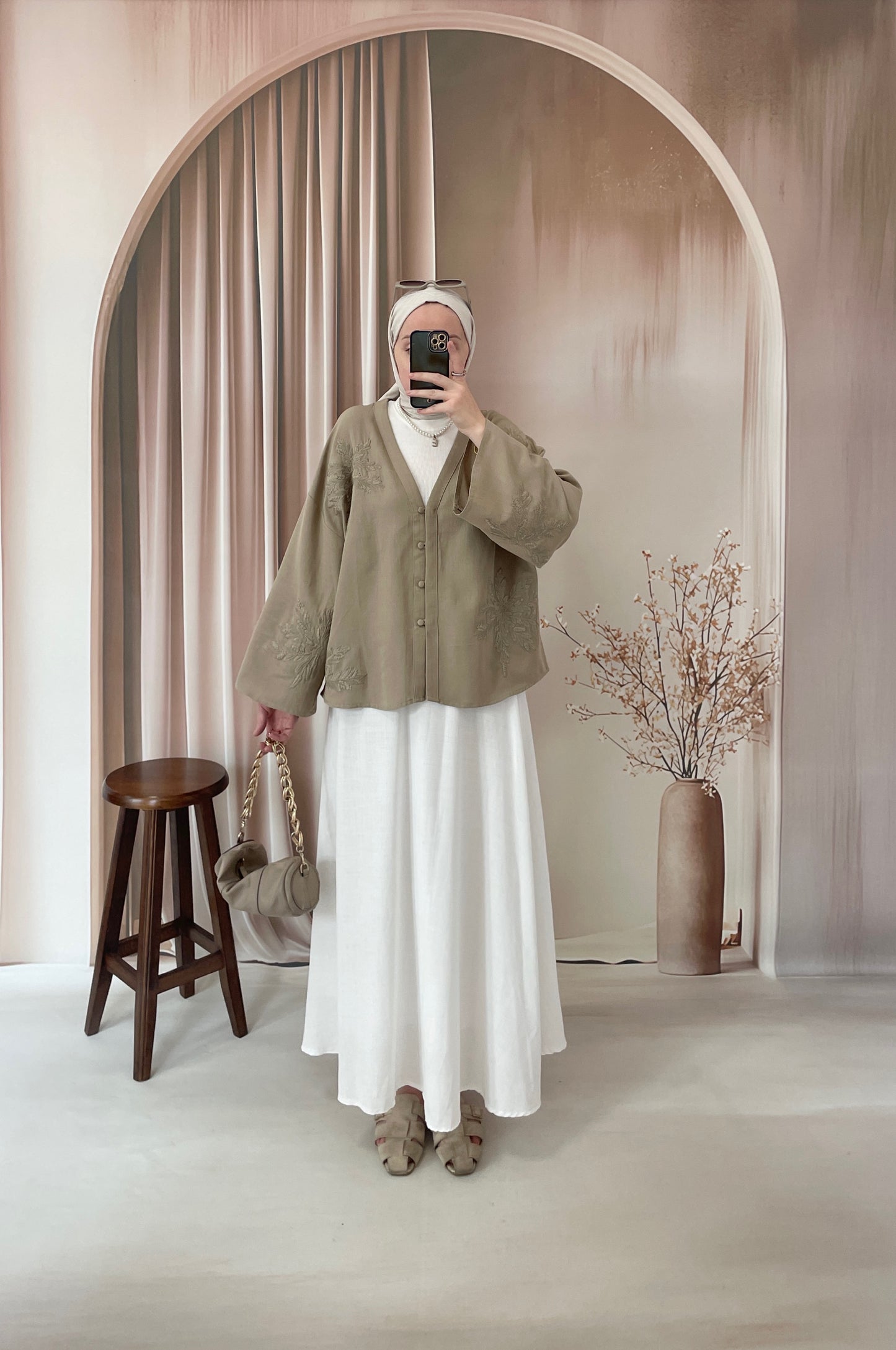 Nakışlı Ham Keten Kimono Latte