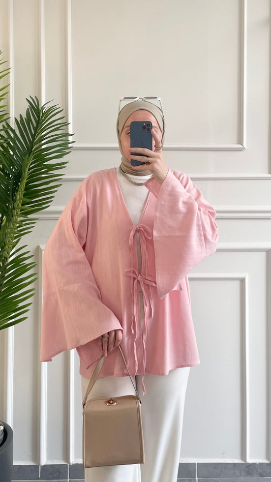 İspanyol Kol Ham Keten Kimono-Pudra Pembe
