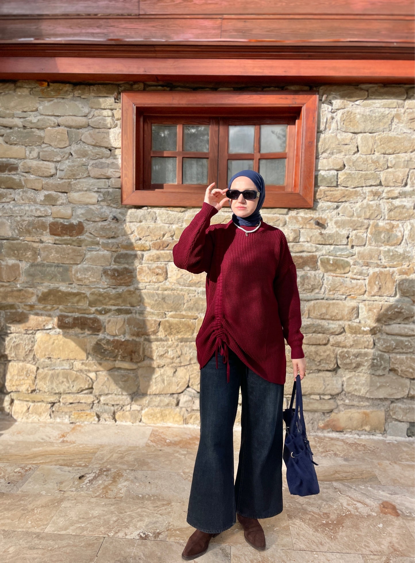 Büzgü Detaylı Triko Kazak Bordo