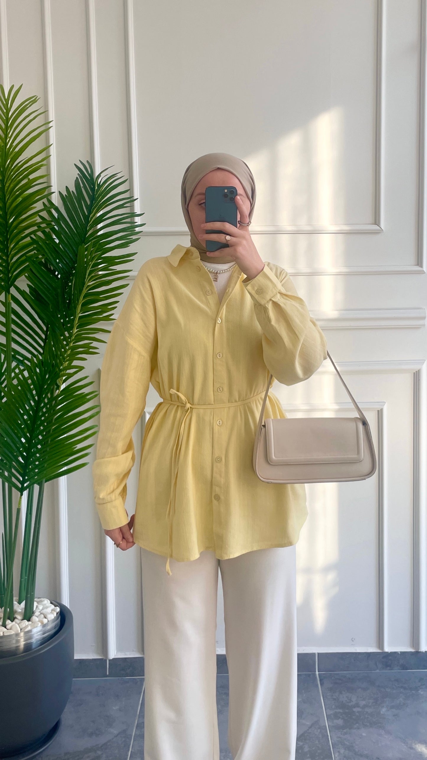 Ham Keten Seyyar Kemerli Gömlek-Soft Sarı