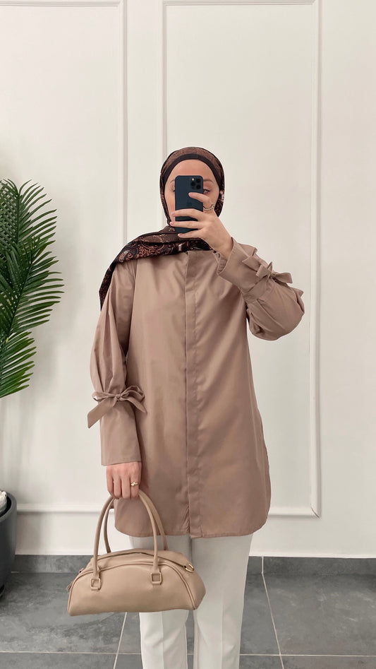 Kollar Bağcıklı Poplin Gömlek-Vizon