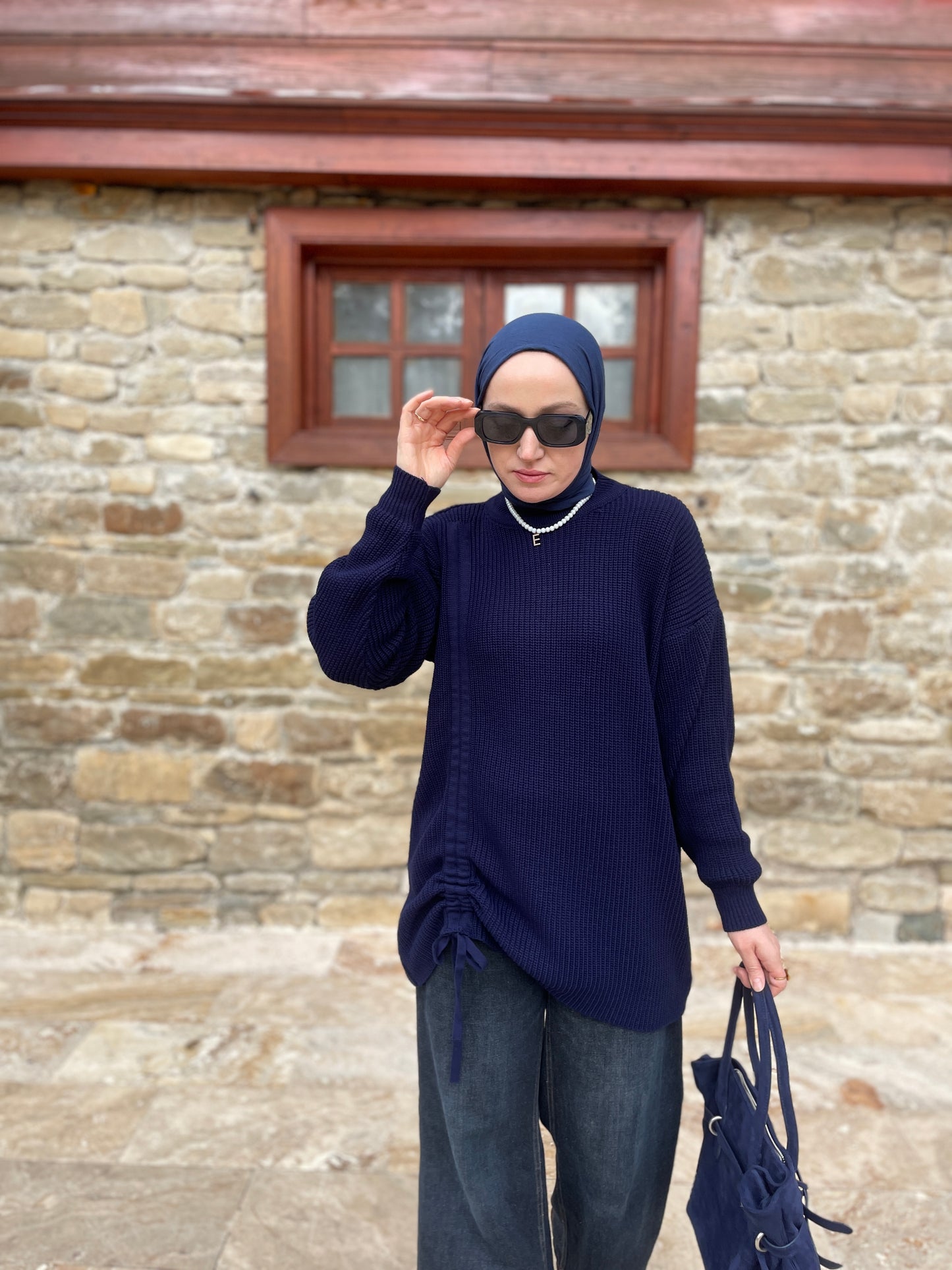 Büzgü Detaylı Triko Kazak Lacivert