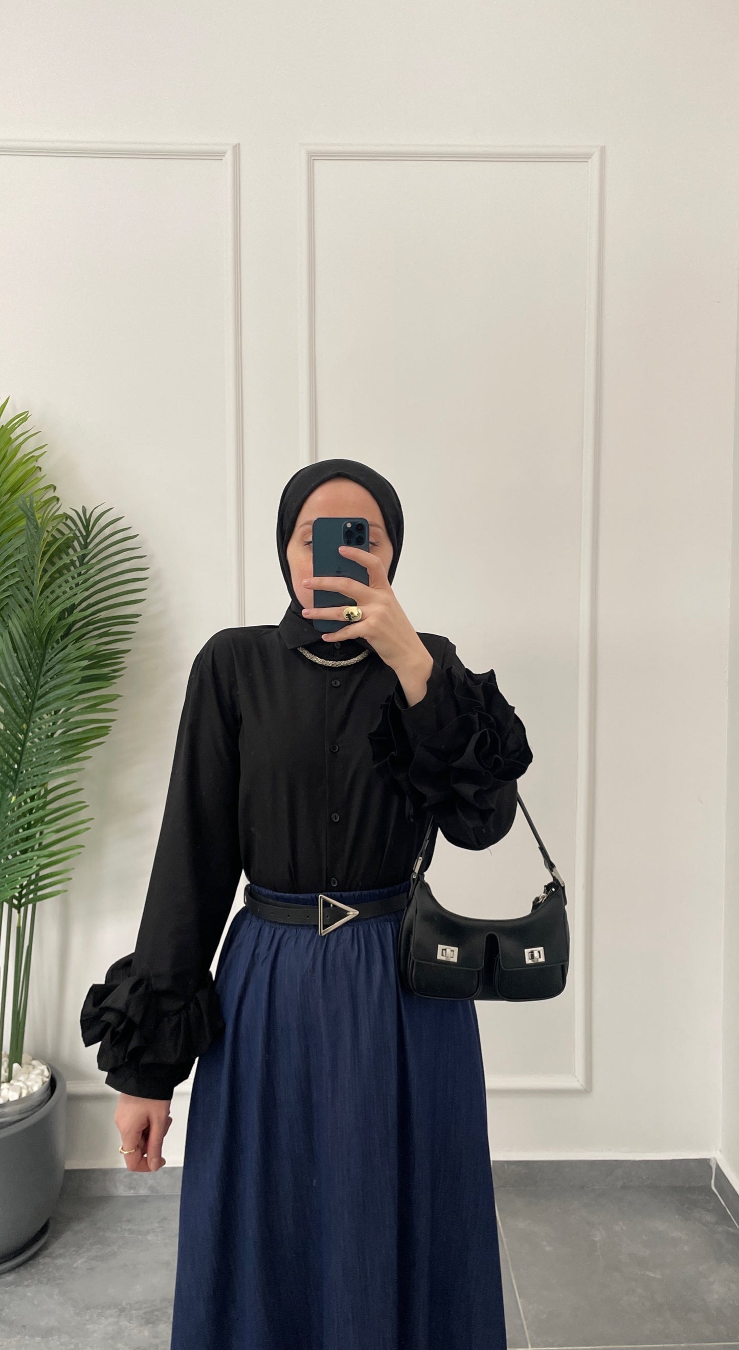 Çilek Kol Tasarım Gömlek-Siyah