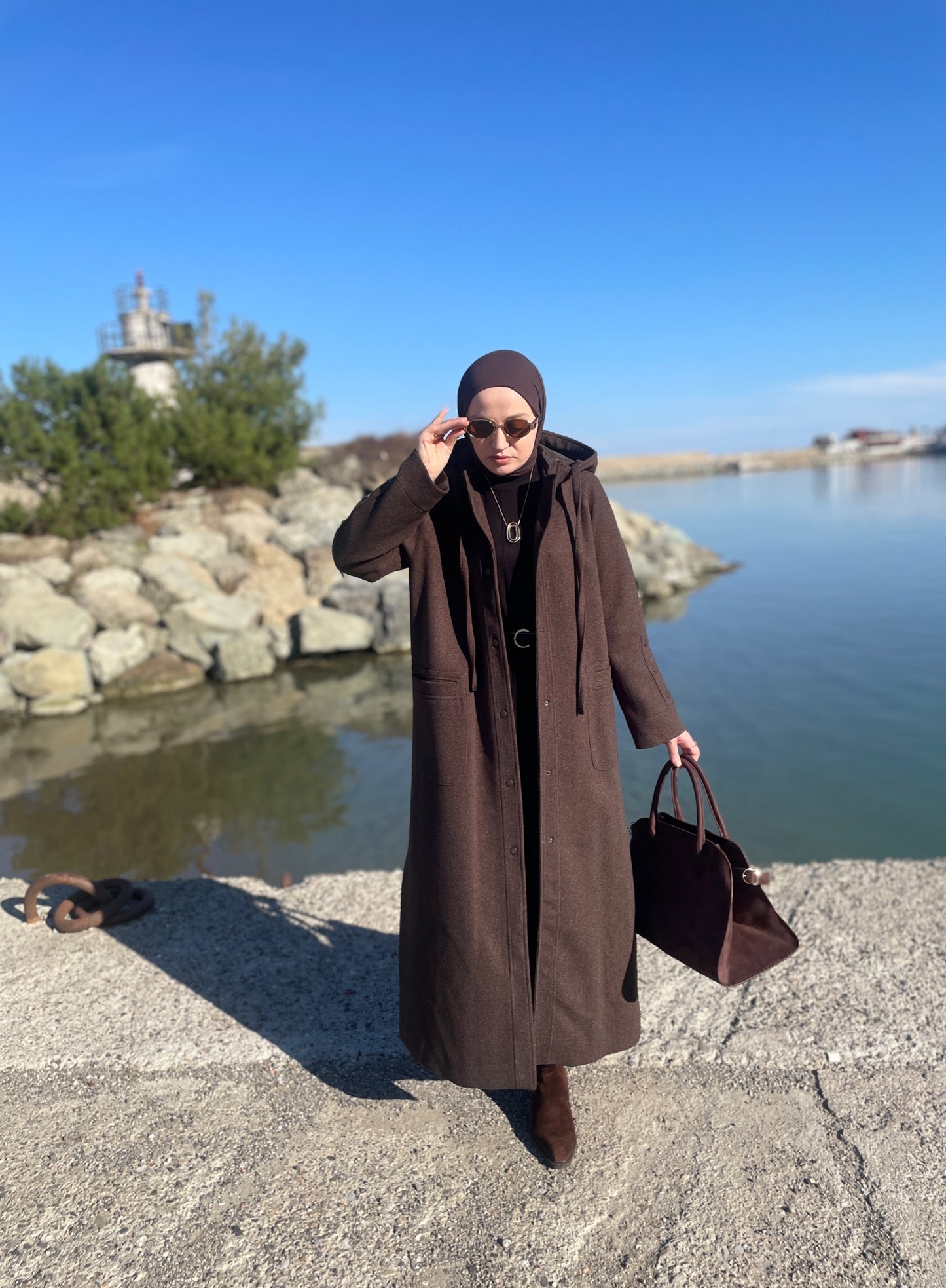 Tam Boy Premium Kapüşonlu  Kaşe Kaban Kahverengi