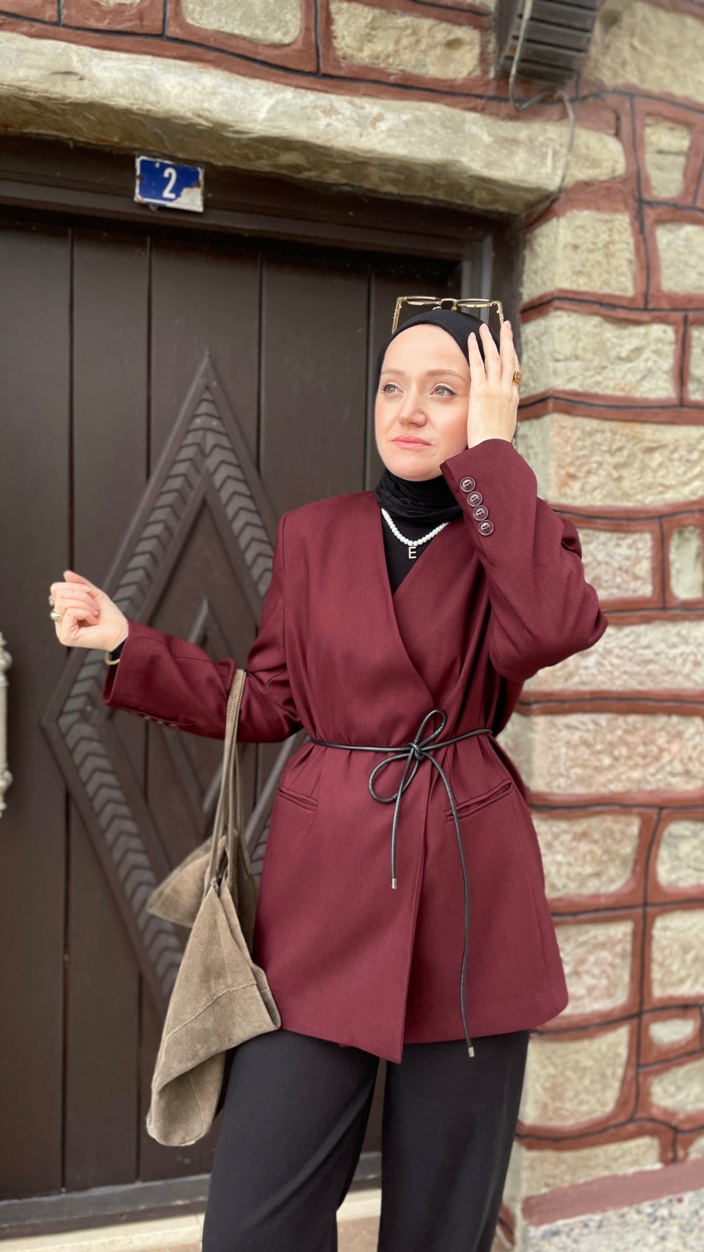 Deri Kemerli Blazer Ceket Bordo