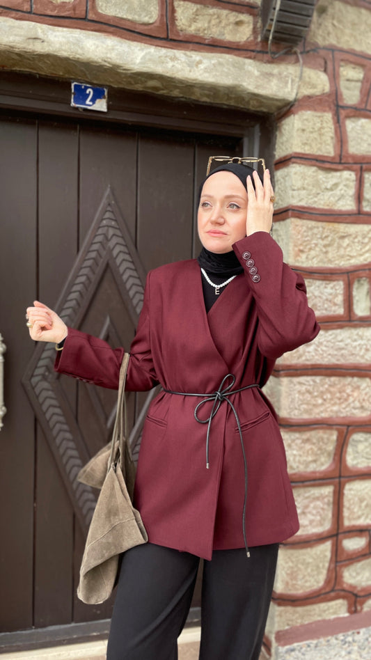 Deri Kemerli Blazer Ceket Bordo