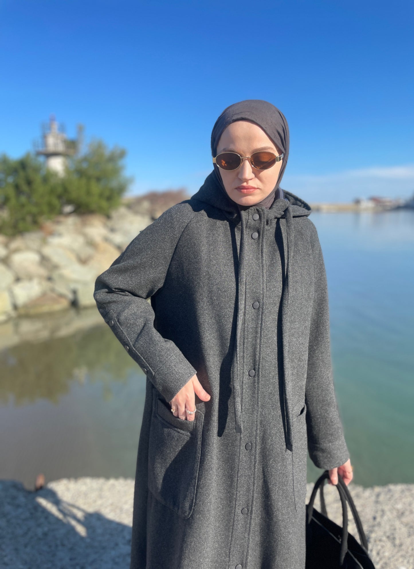 Tam Boy Premium Kapüşonlu Kaşe Kaban Antrasit