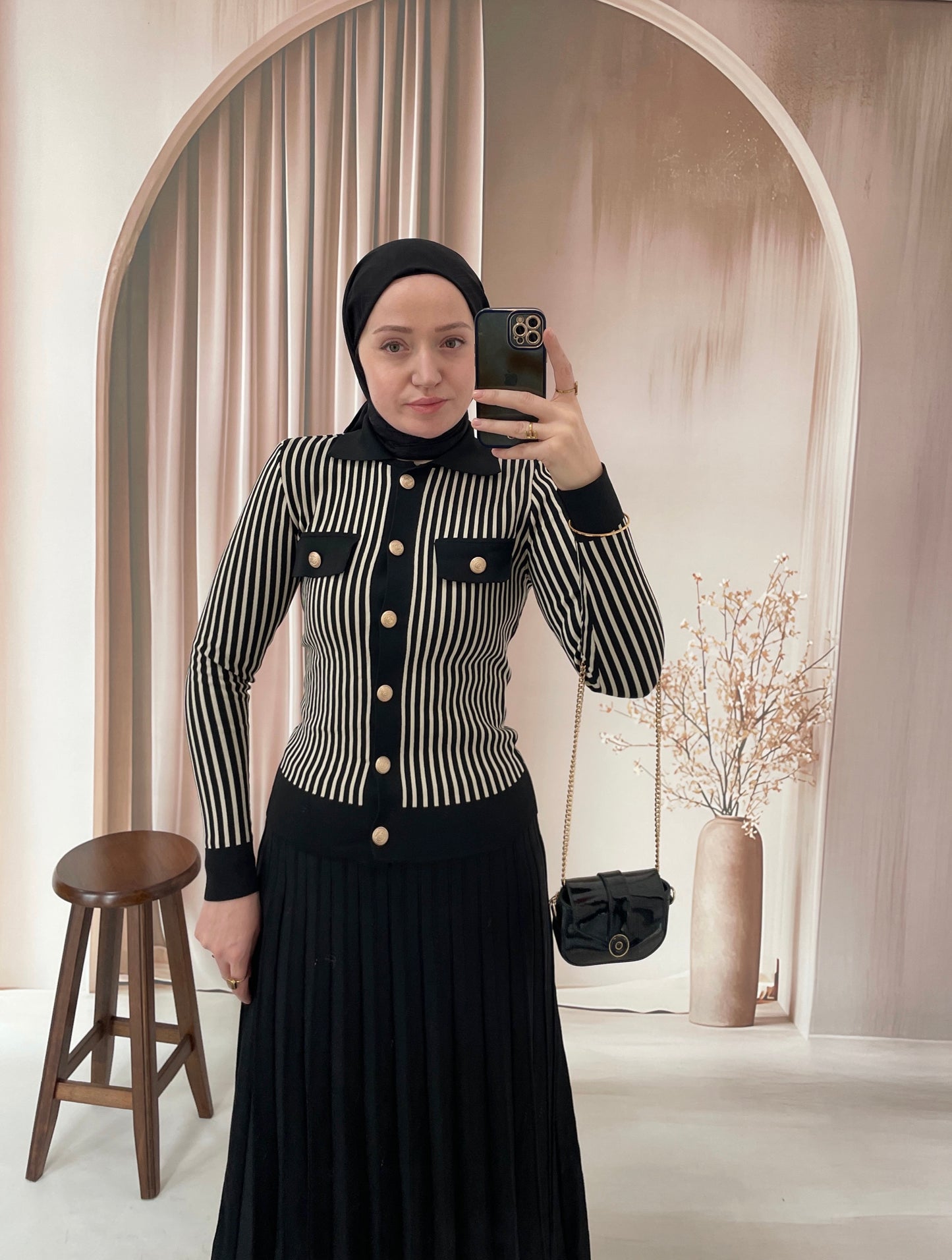 Çizgili Pilise Etekli Triko Takım Siyah