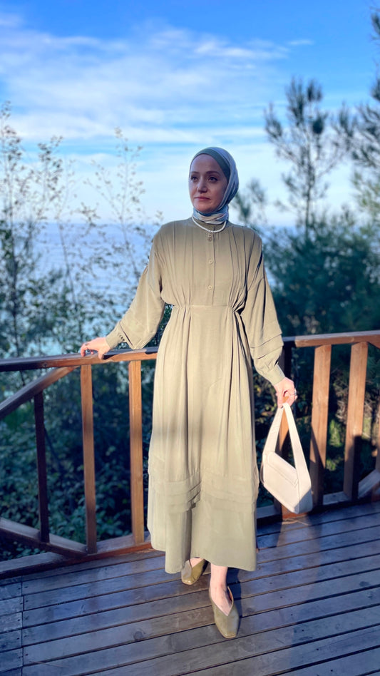 Robalı Koton Elbise Yeşil