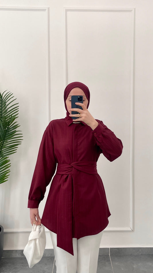 Bel Bağlama Tasarım Gömlek-Bordo