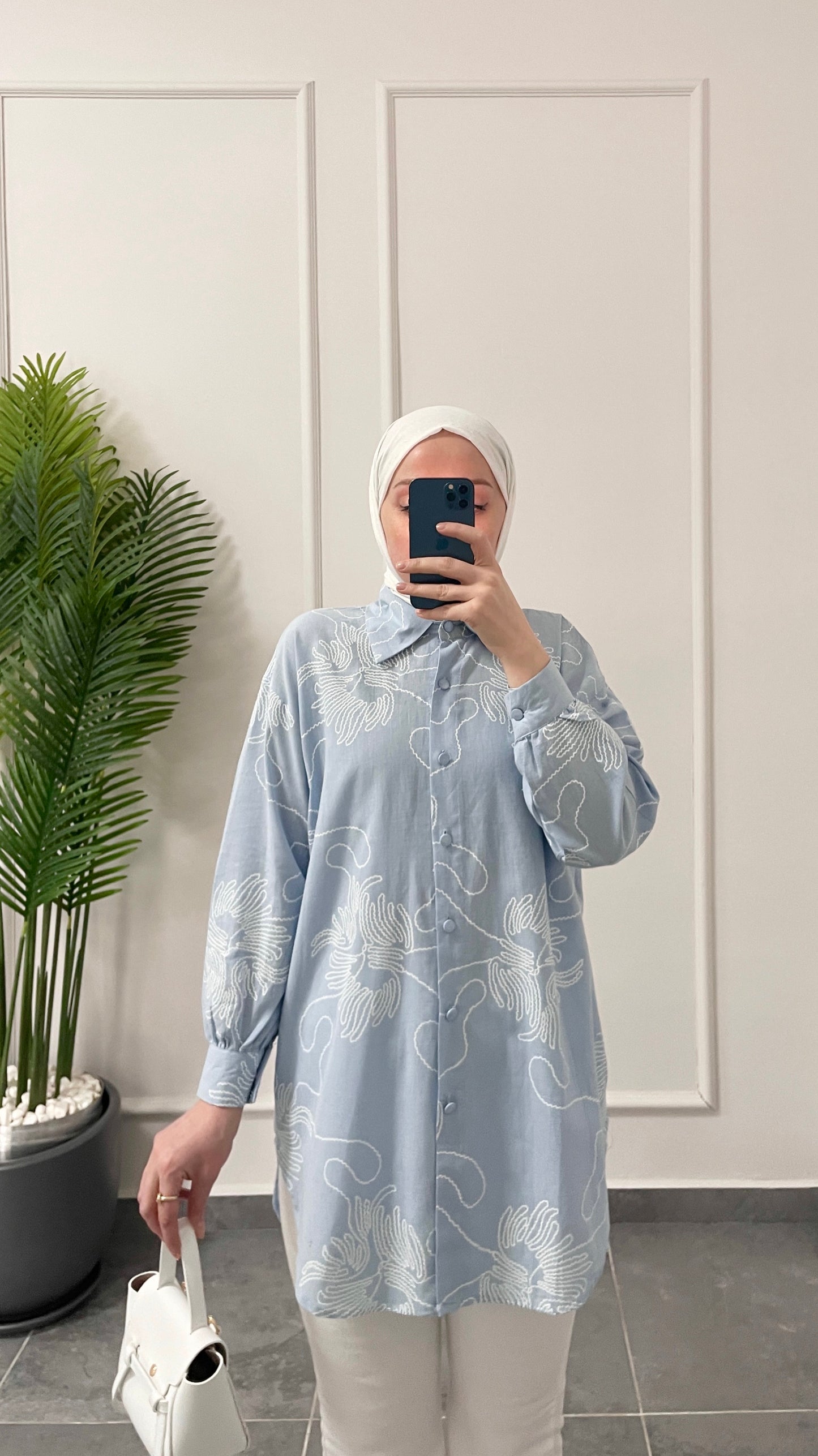 Keten Çiçek Desenli GömleMavi