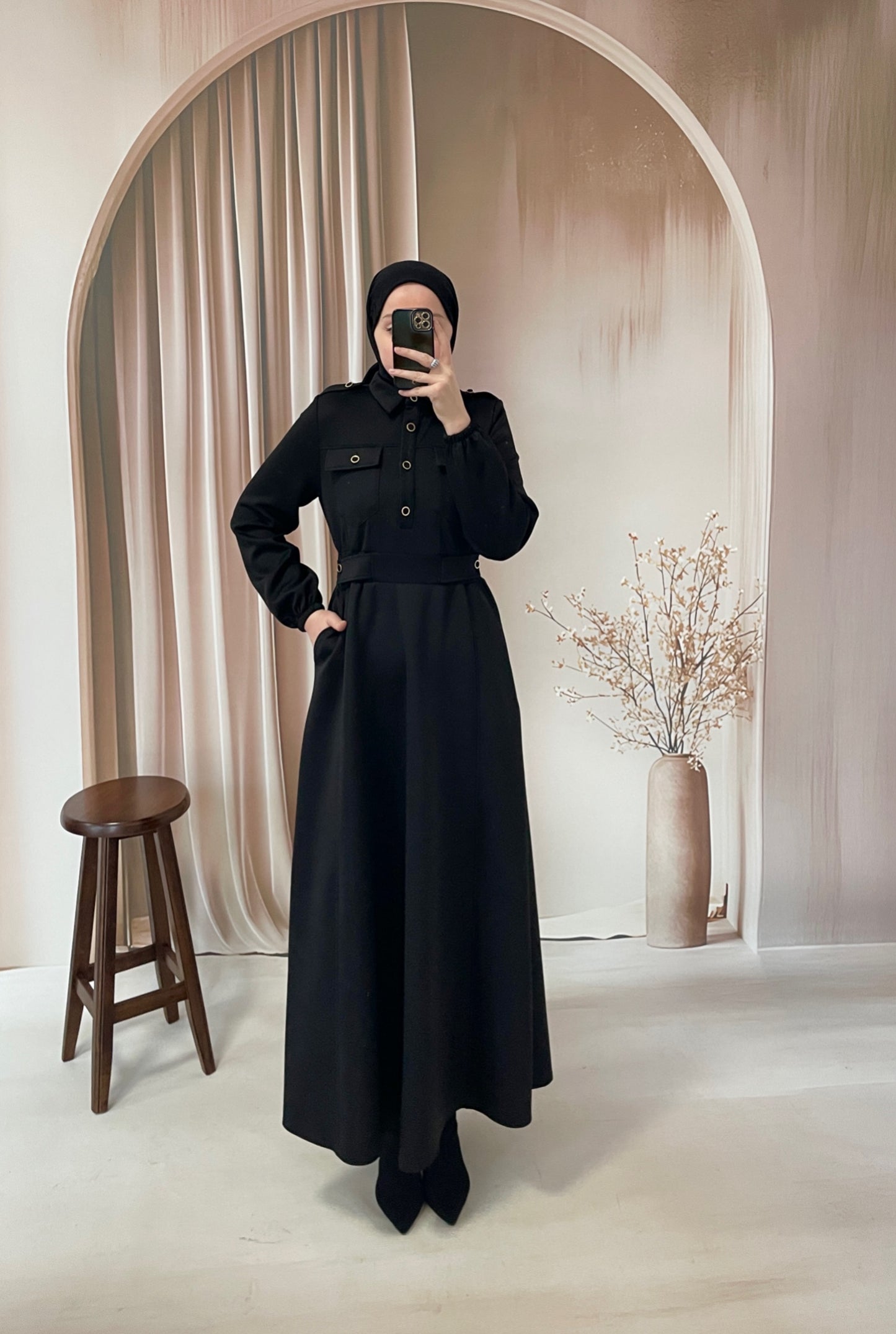 Apoletli Premium Scuba Elbise Siyah