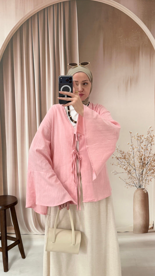 Kollar Volanlı Ham Keten Kimono Pudra Pembe