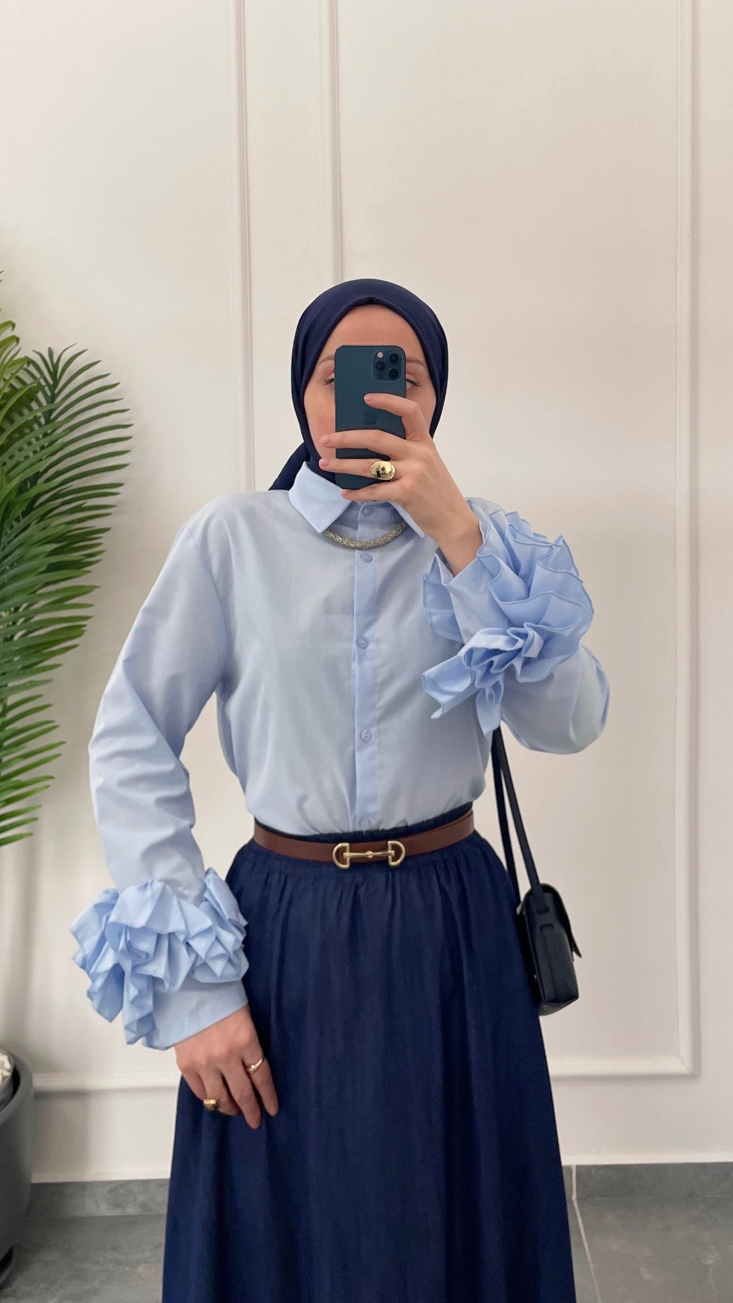 Çilek Kol Tasarım Gömlek-Mavi