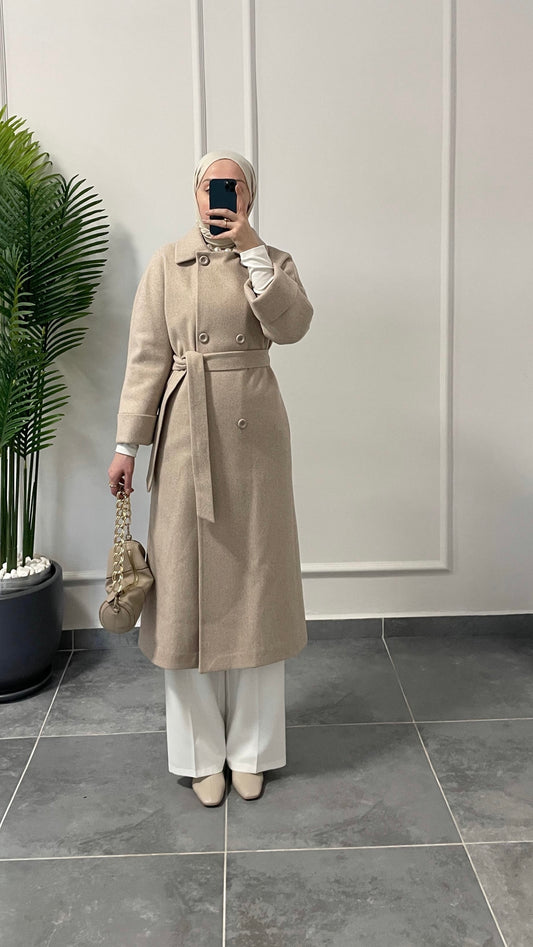 Kimono Tasarım Kaşe Kaban Bej