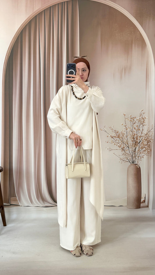 Tencel Cupra Kumaş Asimetrik Tasarım Takım Ekru