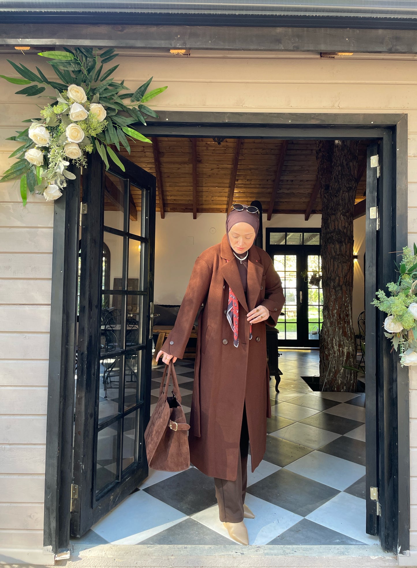 Vintage Tasarım Kol Düğmeli Kaşe Kaban Kahve