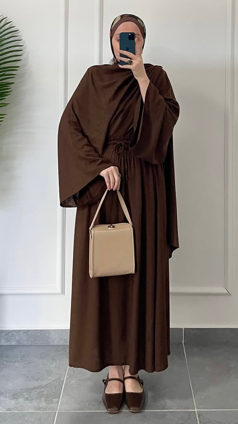 Pelerin Tasarım Ham Keten Etekli Takım-Acı kahve